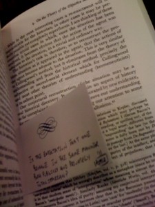 "Is the Expectation That One Behave in the Same Manner Both Publicly and Privately Totalitarian?" - left inside Objective Knowledge by Karl Popper shelved in the Philosophy section @ Barnes and Noble (10000 Research Blvd #158 78759)
