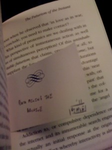 "Data Mining the Archive" - left inside The Futurism of the Instant by Paul Virilio shelved in the Philosophy section @ Barnes and Noble (10000 Research Blvd #158 78759)